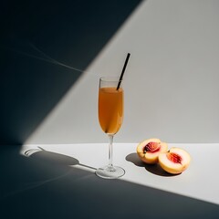 Elegant summer peach cocktail in a flute glass with fresh fruit, styled with minimalist hard light and strong shadows