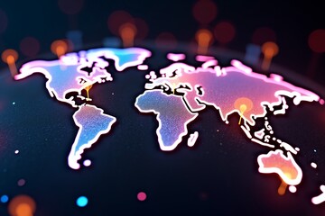 Neon-lit world map with glowing pins, vibrant colors against dark background, futuristic global connectivity theme.