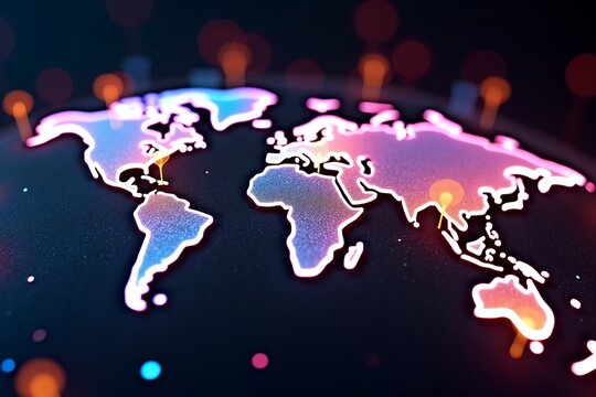 Neon-lit world map with glowing pins, vibrant colors against dark background, futuristic global connectivity theme.