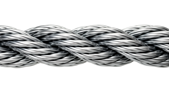 Strong steel wire rope or metal cable for industrial use. Isolated on transparent background