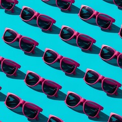 Vibrant Pink Sunglasses Arranged in a Repeating Pattern on a Teal Background