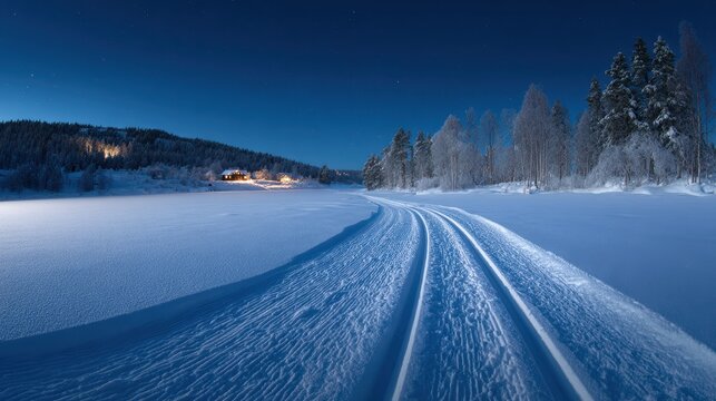Images of ski trails taken during twilight in Lj&oslash;sheim Ringsaker Norway