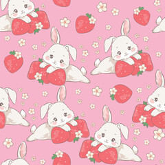 Hand drawn cute bunny with strawberries seamless pattern, kids print vector illustration