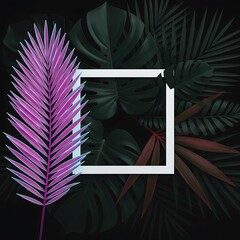 Stylish composition of exotic tropical leaves in dark green and vibrant purple with a central white square frame