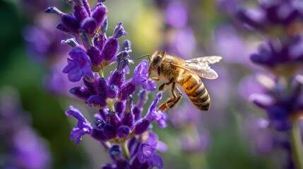 In sunlight a bee gathers nectar from a violet bloom