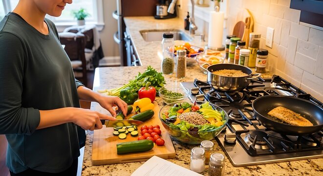 Woman preparing healthy meal in kitchen chopping vegetables for salad cooking at home