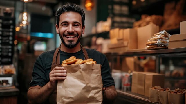 Smiling Middle Eastern man in an apron holds a paper bag filled with baked goods in a cozy bakery setting. Shelves are stocked with various pastries.