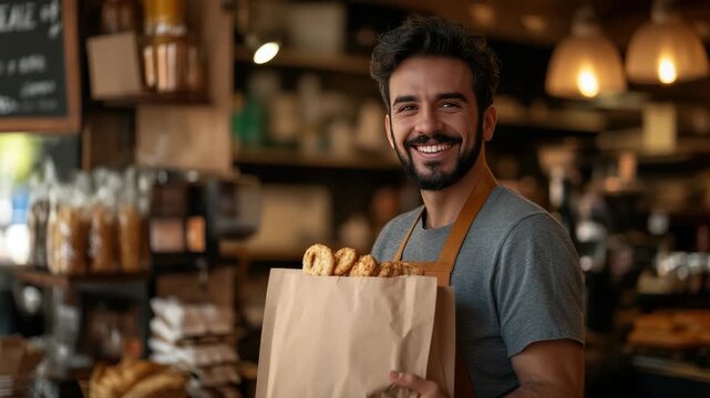 Smiling Middle Eastern man in an apron holds a paper bag filled with baked goods in a cozy bakery setting. Shelves are stocked with various pastries.