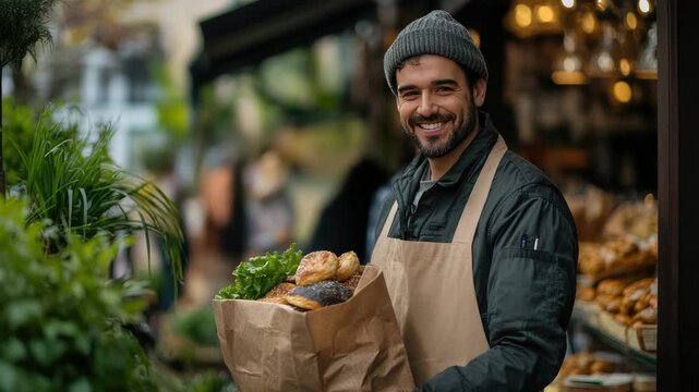 A young Hispanic man with dark hair and a beard smiles while holding a paper bag filled with fresh produce and bread outside a market.
