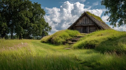 Obraz premium Lush lawn outside old Ukrainian cottage on a summer day