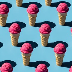 Vibrant pink ice cream cones forming a seamless repeating pattern against a bright blue background with harsh shadows