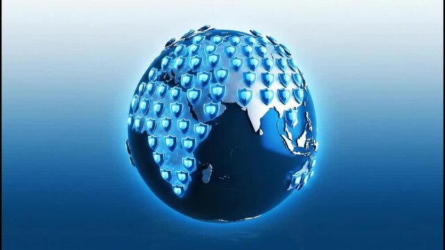 Global network security with shield icons around the world map on blue background - Powered by Adobe