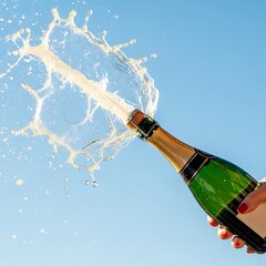 Champagne bottle being opened against a clear blue sky
