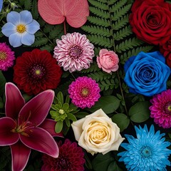 A beautiful medley of colorful flowers including roses, lilies, and dahlias in a flat lay composition