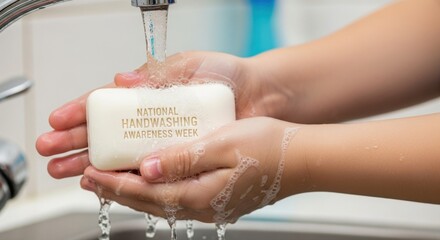 Washing hands with soap under running water, promoting National Handwashing Awareness Week in December. Concept of hygiene, health, and disease prevention