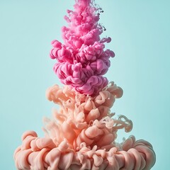 Abstract Swirl Pink and Peach Ink Clouds Floating in Light Blue Background