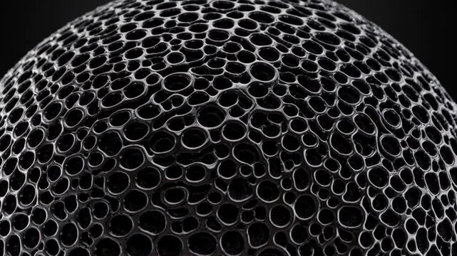 Abstract black textured sphere resembling an organic sponge, with a detailed and tactile surface.