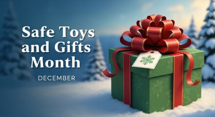 Safe Toys and Gifts Month concept with a beautifully wrapped green gift box and red ribbon on snowy background. Promoting safe giving practices during December holidays