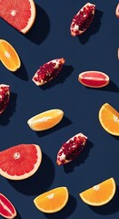Citrus Burst Vibrant Oranges, Grapefruit Slices, and a Play of Light on a Dark Blue Background