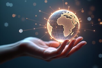 Hand holds glowing globe surrounded by network nodes, symbolizing global connectivity and digital innovation.