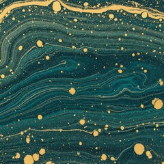 Elegant abstract fluid art with shimmering golden particles creating a unique marble texture on a deep teal background, resembling a cosmic flow