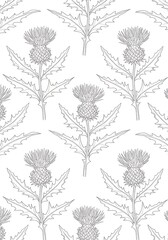 Seamless pattern featuring delicate thistle flower outlines on white canvas