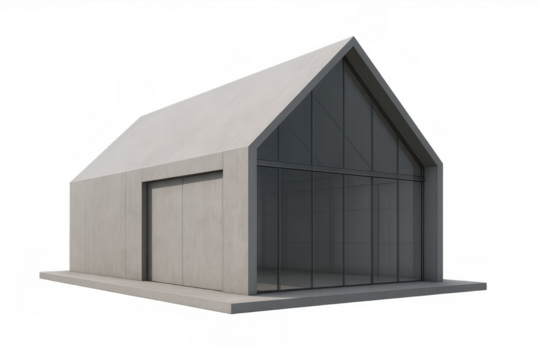 Modern minimalist barn house building with concrete walls and glass facade, isolated, architectural rendering on transparent background