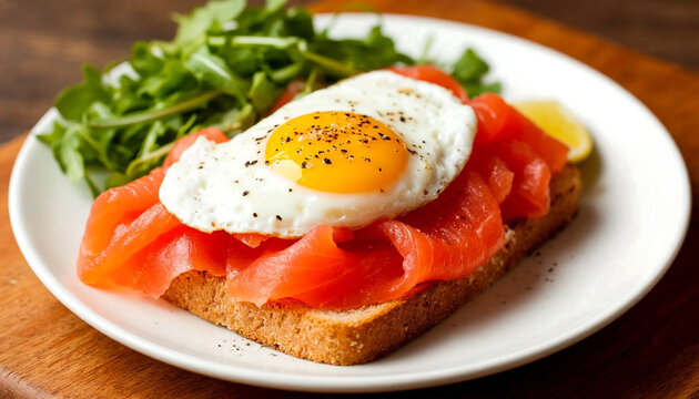 Smoked salmon and fried egg on toast captures a vibrant, gourmet breakfast with runny yolk spilling over pink salmon slices, fresh arugula, and lemon wedge on a white plate atop wooden board. 