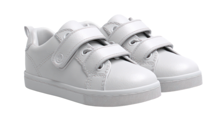 Pair of white childrens velcro sneakers isolated on transparent background