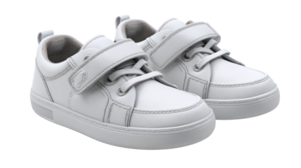 Pair of white children s sneakers with velcro straps isolated on transparent background