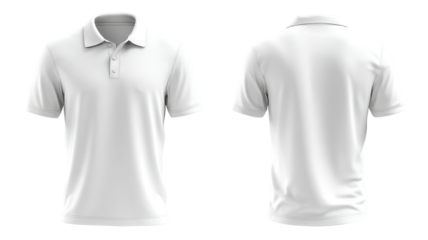 Front and back view of a white polo shirt isolated on transparent background