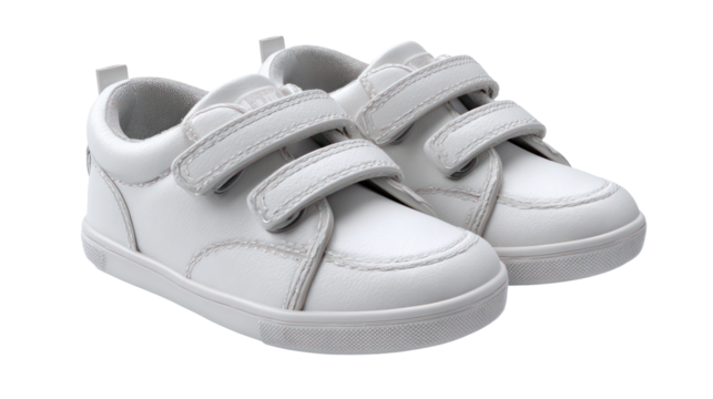 Pair of white toddler velcro sneakers isolated on transparent background