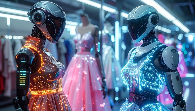 Two humanoid robots, one orange-lit, the other blue, stand in a futuristic boutique, examining dresses with glowing circuits