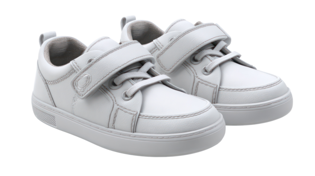 Pair of white children s sneakers with velcro straps isolated on transparent background