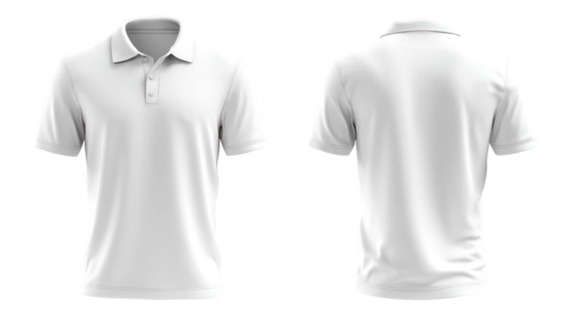 Front and back view of a white polo shirt isolated on transparent background