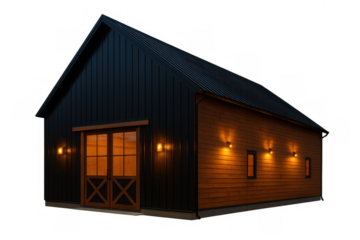 Modern barn building with wood siding and black metal roof at night, illuminated by warm exterior lights, transparent background