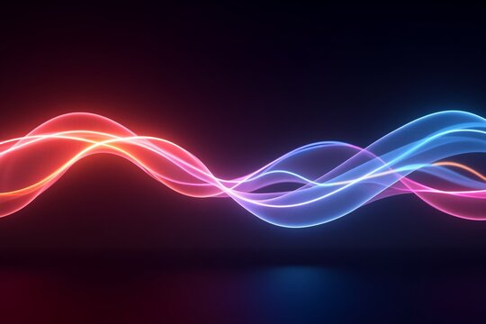 Neon pink and blue glowing waves intertwine against dark background, creating dynamic, futuristic light trails.