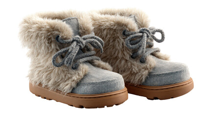Pair of fluffy winter boots isolated on transparent background