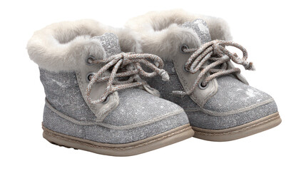 Pair of sparkly winter boots for children isolated on transparent background