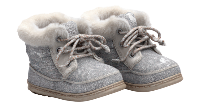 Pair of sparkly winter boots for children isolated on transparent background
