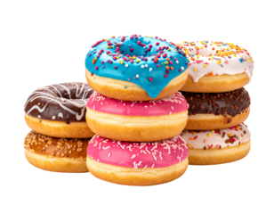 A stack of glazed doughnuts, various colors & sprinkles, isolated on black background