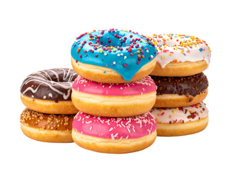 A stack of glazed doughnuts, various colors & sprinkles, isolated on black background