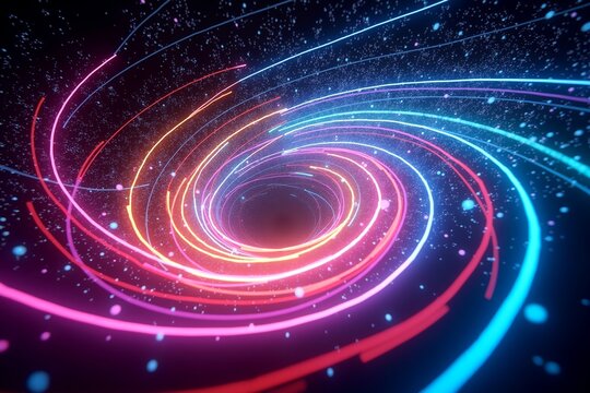 Vibrant neon spirals swirl in cosmic space, glowing particles dance around radiant light trails of red, blue, and purple hues.