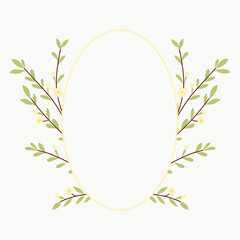 Round frame without text, decorated with spring branches and leaves, delicate floral elements, fresh green tones, isolated on white background, vector.