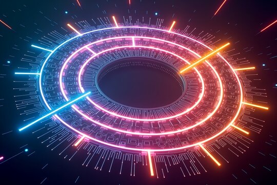 Futuristic glowing rings in vibrant hues orbiting a dark center, radiating digital energy and advanced technology.