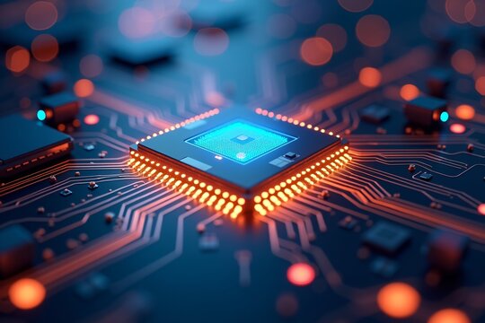 Futuristic glowing chip on circuit board, vibrant orange lights pulsing around central blue processor in sleek tech environment.