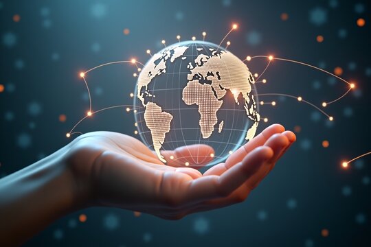 Hand holds glowing globe surrounded by network nodes, symbolizing global connectivity and digital innovation.