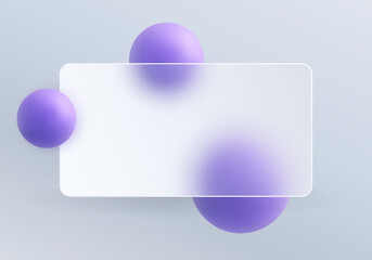 Soft matte glass rectangle with rounded corners and purple 3D spheres on a light gray background, landing page background.