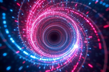 Neon spiral tunnel of pink and blue light, glowing particles radiate outward in cosmic digital space.
