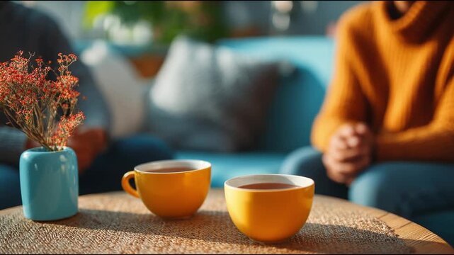 Two people sitting together sharing a quiet conversation while drinking herbal tea. A cozy, safe space with soft lighting and calm atmosphere, representing support and mental health care.